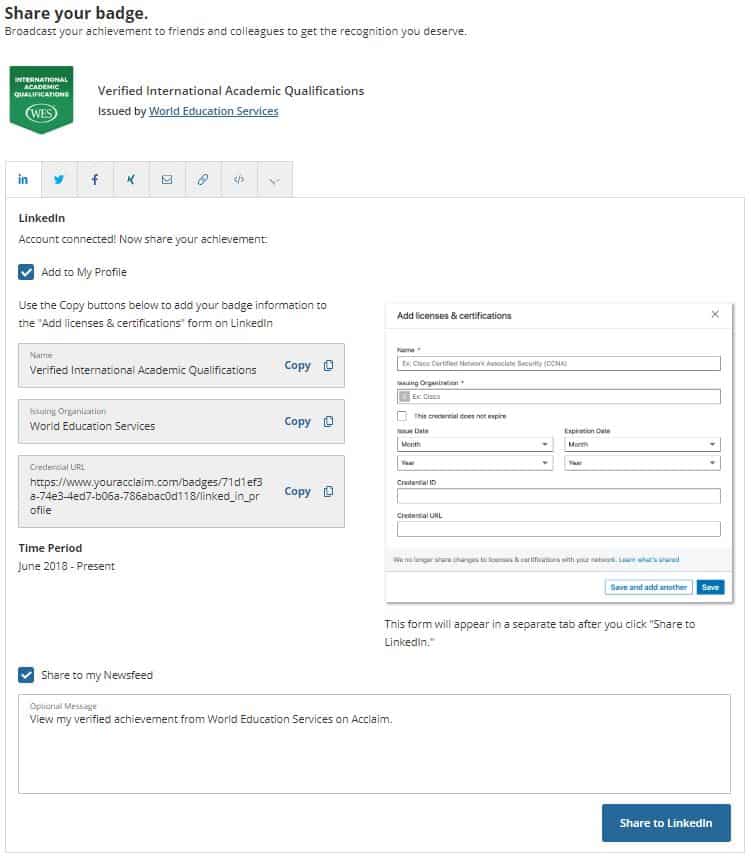 Share your WES badge information to LinkedIn