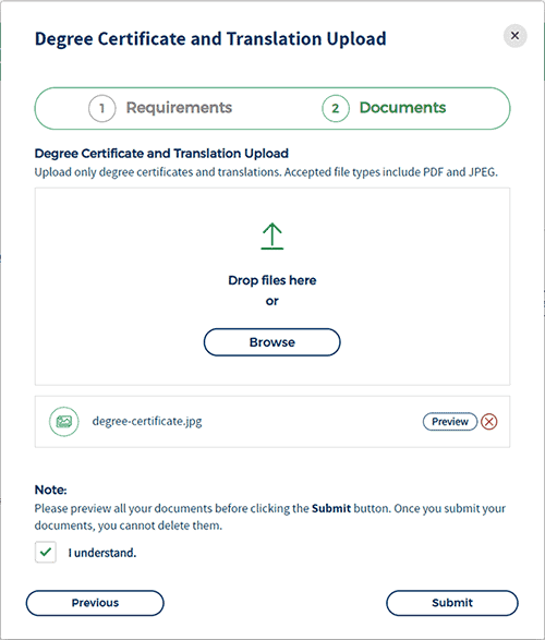 Upload degree certificates and translations, step 4.